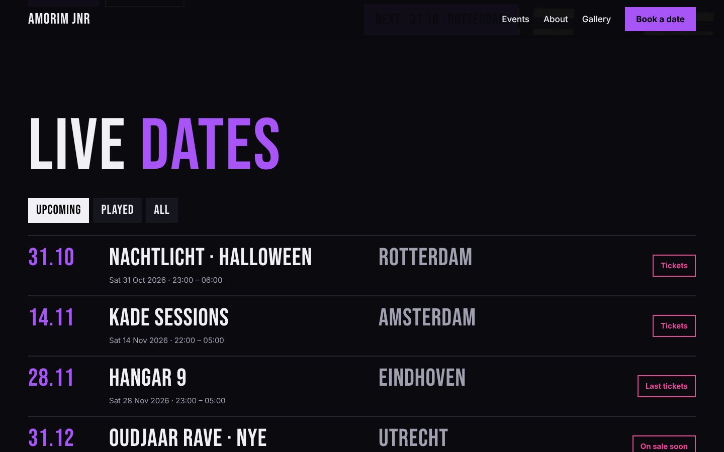 A live-dates list with ticket buttons
